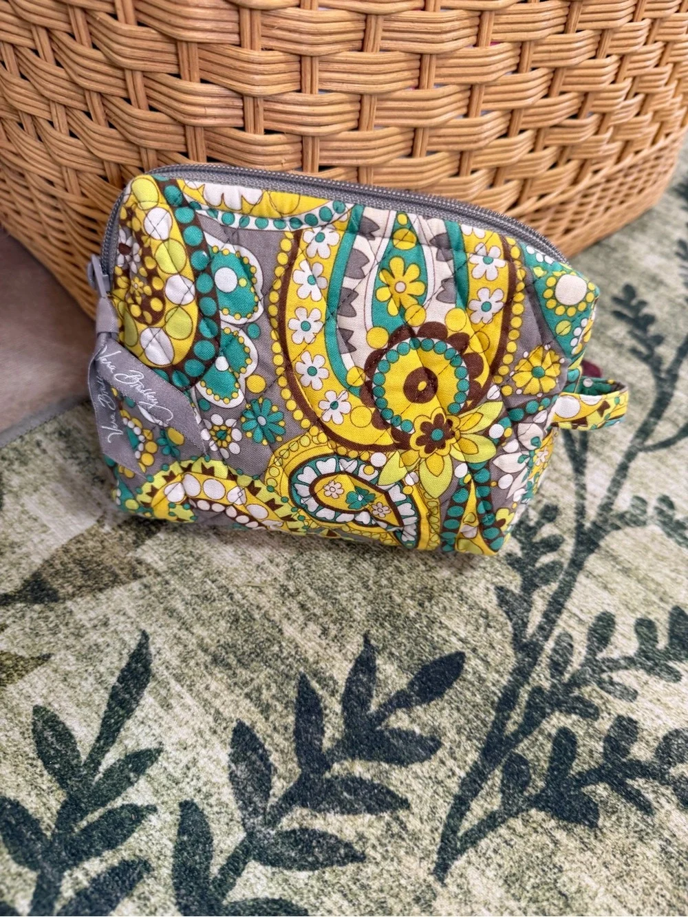 Vintage Vera Bradley Yellow Teal Paisley Quilted Zip Cosmetic Bag Pouch